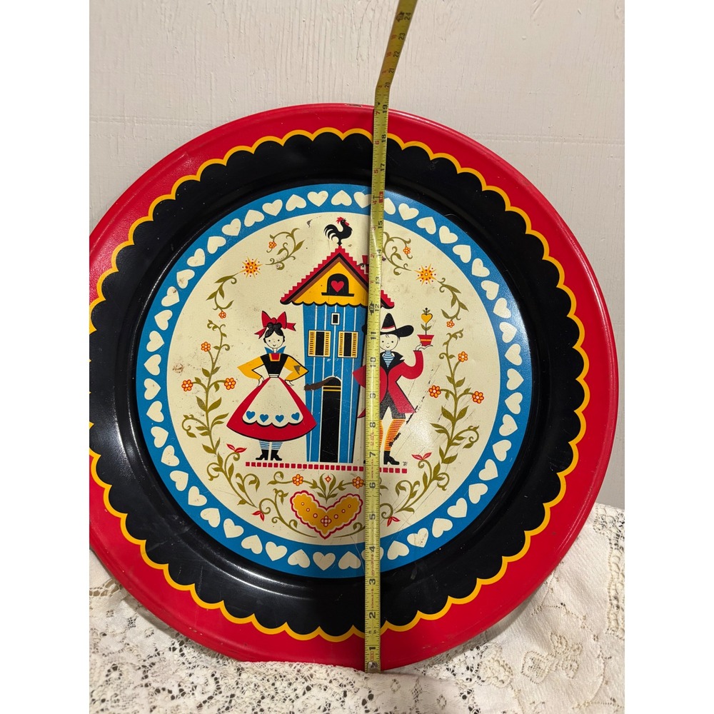 Vintage Pennsylvania Dutch Folk Art Metal Serving Tray Red Black Scalloped 19"